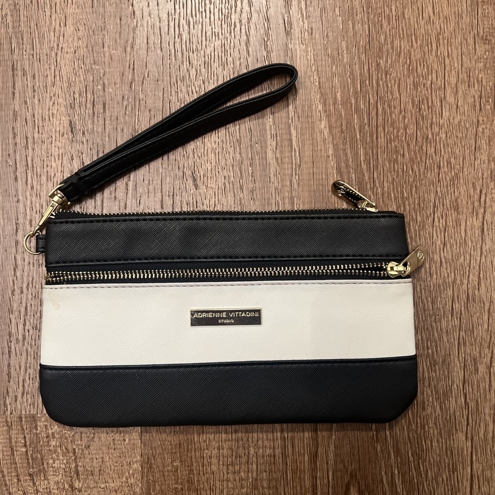 Adrienne Vittadini Black White Double Zip Closure Gold Hardware